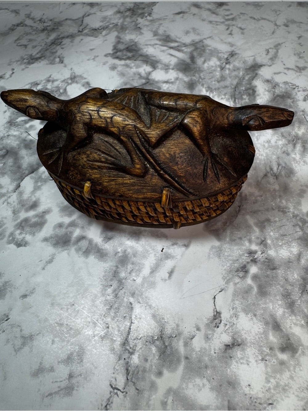 Small Carved Wooden Lizard Oval Lidded Trinket Box Small BrownTribal Handicraft